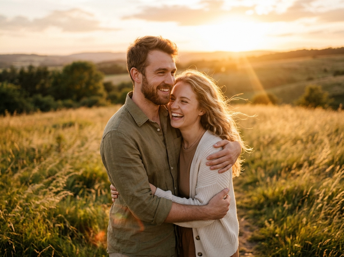 Couple embracing in golden hour field