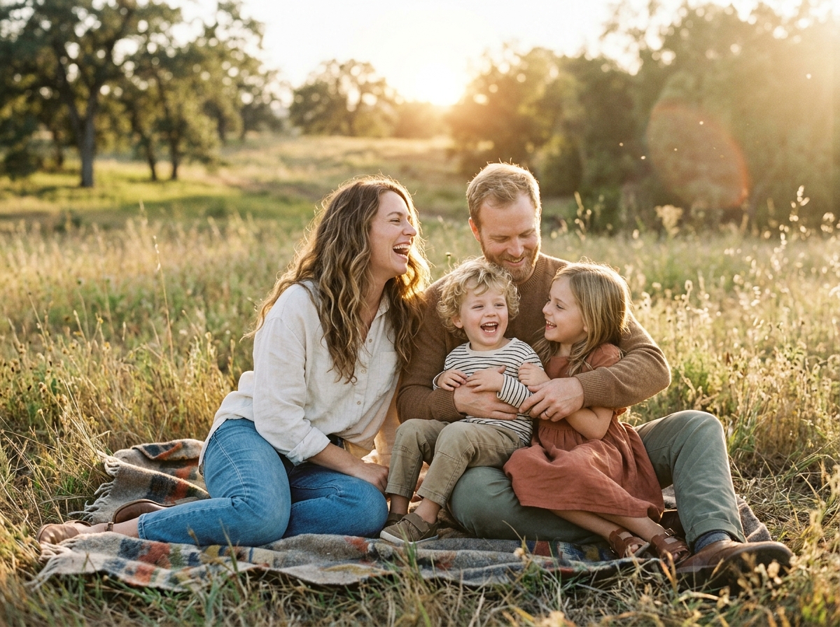 Family laughing together in a sunlit meadow