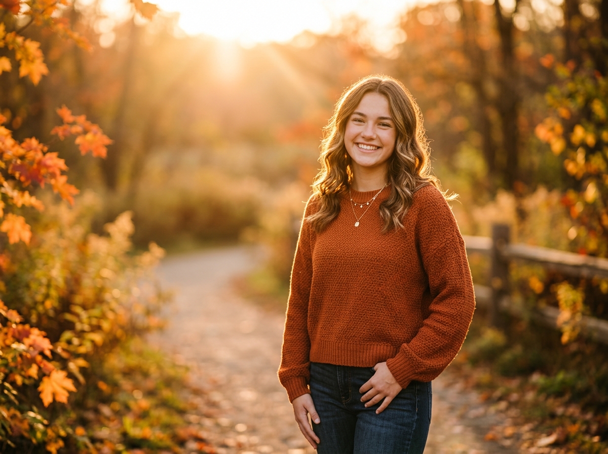 High school senior girl smiling in golden autumn sunset