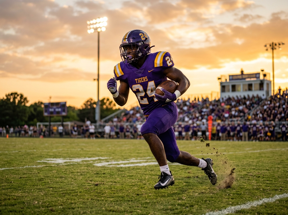 High school football action under dusk lights
